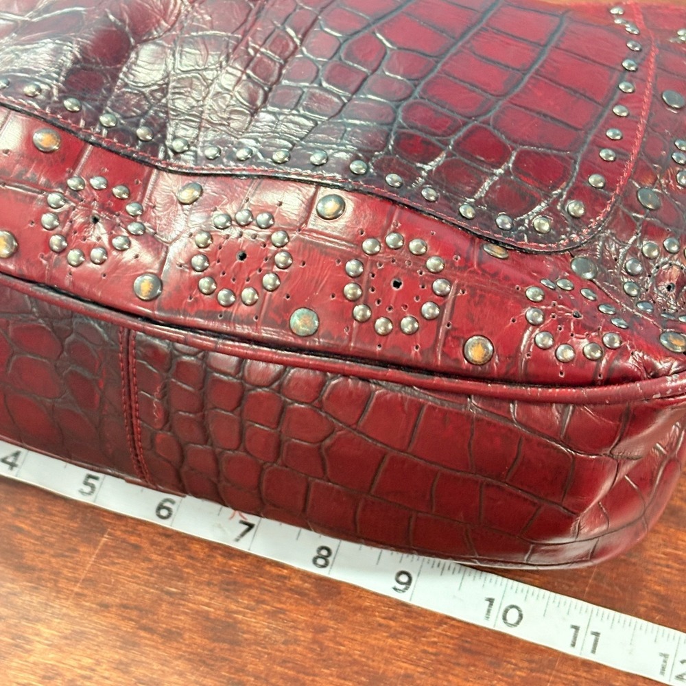 Berge Italy Burgundy Leather Croc Shoulder Bag Studded Purse Y2K Boho Western - Picture 8 of 11